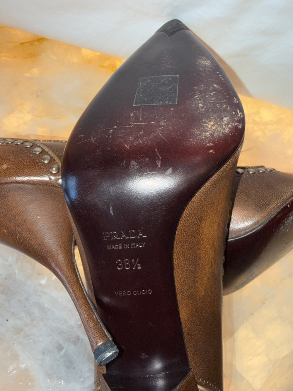 Prada Brown Studded Pointed Leather Pumps - Picture 8 of 9